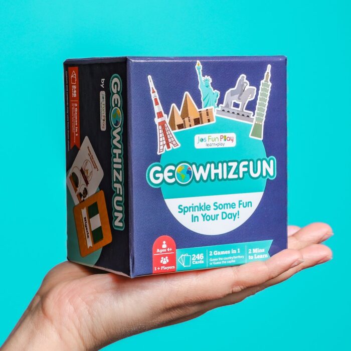 round image that shows GeoWhizFun 2-in-1 fun family geography game placed on a palm with vibrant blue background