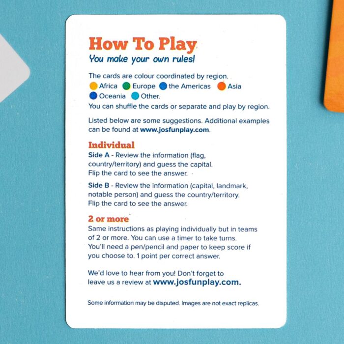 playing instructions for out 2-in-1 fun family geography trivia card game Geo Whiz Kids.